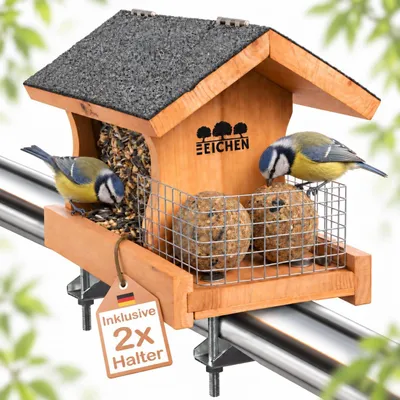 Productafbeelding van Vogelvoederhuis voor balkon - hout - met 2 balkonhouders - waterafvoer - voor wilde vogels