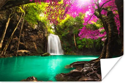 Produktbild von MuchoWow® Poster Wasserfall mit bunten Blumen und Bäumen - Natur - Dschungel 90x60 cm - Schlafzimmer