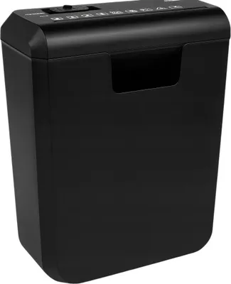 A black paper shredder is shown from a three-quarter angle against a white background.