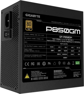 A black Gigabyte P850GM power supply unit shown from a slightly angled front view.