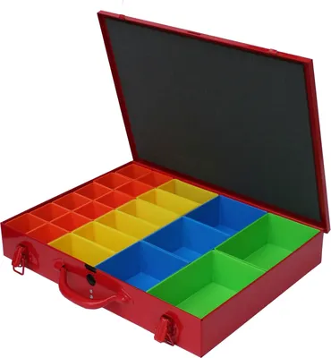 Produktbild von Sortimentskoffer aus Metall mit 24 farbigen Systemfächer | HxBxT 7x24x34cm | Verkehrsrot