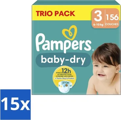 Image de Pampers – Couches – Baby-Dry, lot de 3 paquets, taille 3 (6-10 kg) – 156 couches - Lot économique - 15 pièces