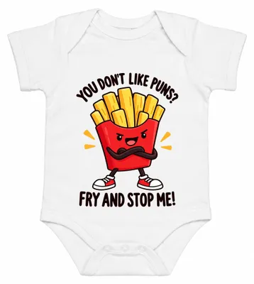 Obrázok produktu pre Fry And Stop Me – Zemiaky hranolky, rýchle občerstvenie, vtipný motív, detský body, biela farba, veľkosť 12/18 mesiacov