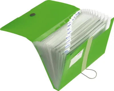 A green accordion file folder is shown open against a white background.