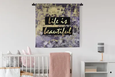 Produktbild von MuchoWow® Wandteppich Wandbehang Zitat - Leben - Gold - Lila 90x90 cm Tapisserie Dekoration Wandtuch - Wandaufhänger