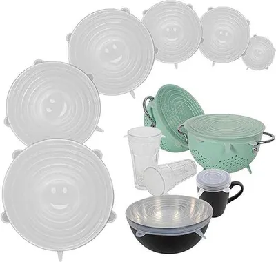 Produktbild von Famanu Set von 6 universellen Silikondeckeln rund – 6,5 cm bis 20,5 cm – dehnbare Frischhaltedeckel – wiederverwendbar, spülmaschinenfest