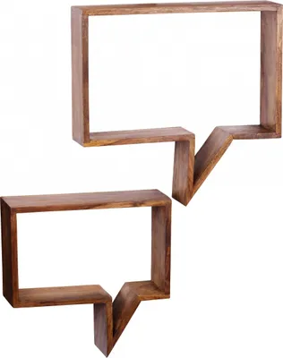 Two wooden shelves shaped like speech bubbles, displayed against a white background.