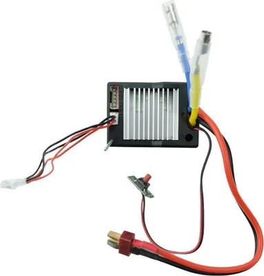 An electronic speed controller with wires and connectors, likely for an RC vehicle.