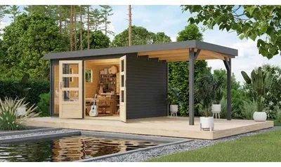 Produktbild von Gartenhaus Karibu Laharo 5 inkl. Anbaudach 2,4 m 554 x 262 cm grau