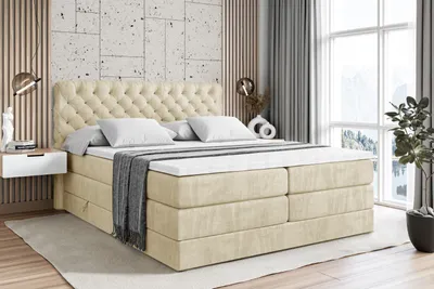 Produktbild von ALTDECOR Boxspringbett mit 2 Matratzen und Topper - 180x200 cm - BOXI8 KING - Beige Samt - Polsterbett mit, H3- und H4- Matratzen, Bettkasten und Lattenrost, Bett mit Stauraum