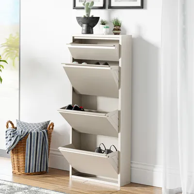 Obrázok produktu pre Výklopník na topánky "Sokndal" so 4 klapkami kov 118 x 50 x 15 cm Pepper white