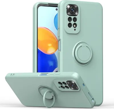 A light green phone case with a ring holder is displayed with a phone inside.