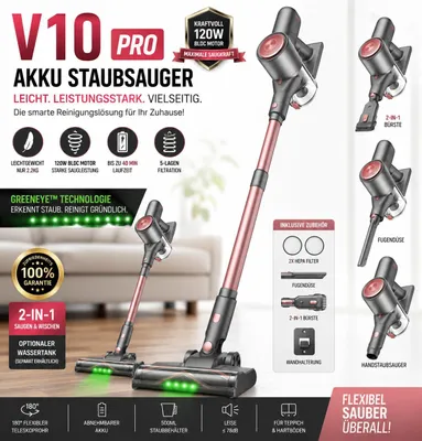 Produktbild von Vexilar V10 Pro Akku-Staubsauger 3-in-1, kabellos, 45 Min Laufzeit, LED Display, GreenEye Technologie