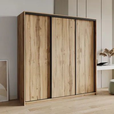 Produktbild von Masseno Schiebetürenschrank NISSE 200/205/60 cm Kleiderschrank mit Schubladen Schlafzimmer Schrank 3-türig Eiche Wotan + Schwarz