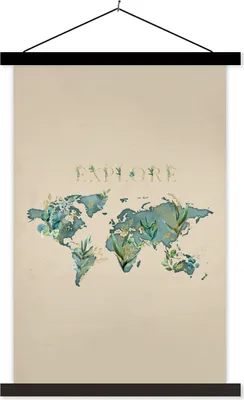 Produktbild von MuchoWow® Textilposter Weltkarte - Türkis - Pflanzen 40x60 cm mit schwarzem Rahmen - Wanddekorationen