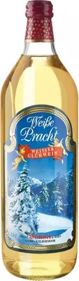 A bottle of white mulled wine with a winter scene on the label.
