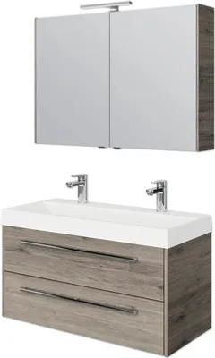 Produktbild von Pelipal Badmöbel-Set Milano BxHxT 100 x 200 x 45 cm Frontfarbe eiche sanremo mit Mineralguss-Doppelwaschtisch weiß SET-1