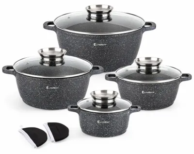 Produktbild von Induktionskochset mit Glasdeckel, Antihaftbeschichtung aus Aluminium, 8-teilig