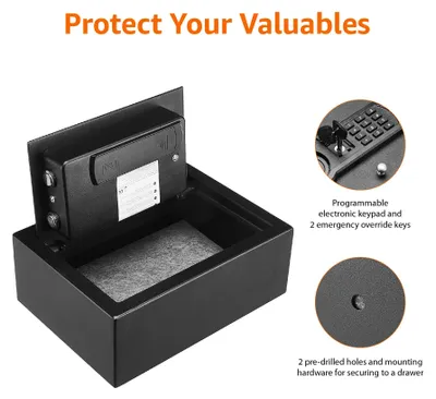 Image de Coffre-fort Amazon Basics, petit et fin, pour tiroir de bureau, avec serrure à combinaison électronique programmable, noir, 30 cm de largeur x 21,8 cm de profondeur
