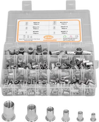 Produktbild von 250-teiliges Sortiment an Blindnietmuttern aus Edelstahl 304 mit Flachkopf, Größen M3, M4, M5, M6, M8, M10