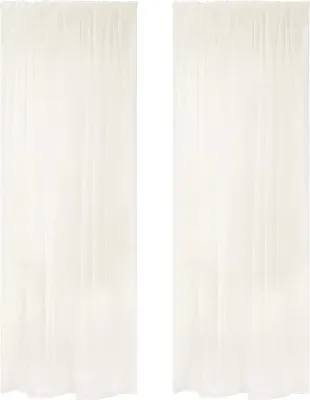 Two cream-colored sheer curtains are displayed side-by-side against a white background.