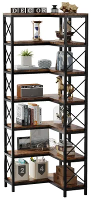 Image de Bibliothèque d'angle à 7 étagères - grande bibliothèque d'angle - 60 x 60 x 200 cm - étagère en bois avec structure métallique - étagère moderne pour le salon - marron