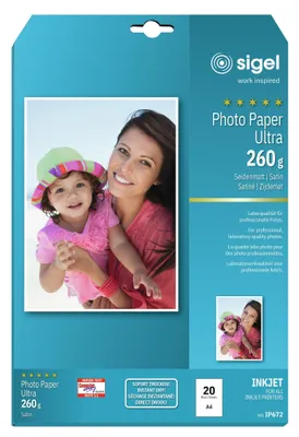 Imagen del producto de Sigel® IP672: Papel fotográfico para inyección de tinta, ultra brillante, formato A4, acabado satinado, 260 g/m², 20 hojas