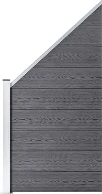 A section of a grey wooden fence with a silver trim and a white post.