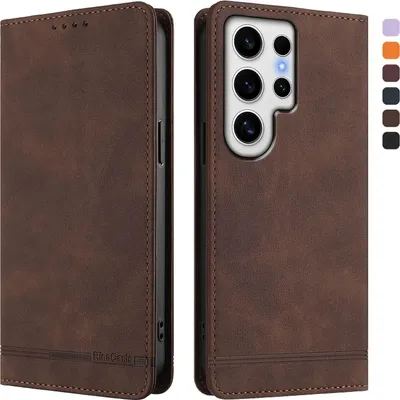 Obrázek produktu pro Pouzdro pro Samsung Galaxy S24 Ultra, retroPolyuretankožené flip pouzdro s stojánkem a přihrádkami na karty Hnědý