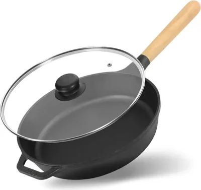Produktbild von Ø22 cm Pfanne aus Gusseisen mit Glasdeckel BRIZOLL Schmorpfanne Bratpfanne mit Griff abschraubbar Gußeisenpfanne alle Herdarten inkl. Induktion