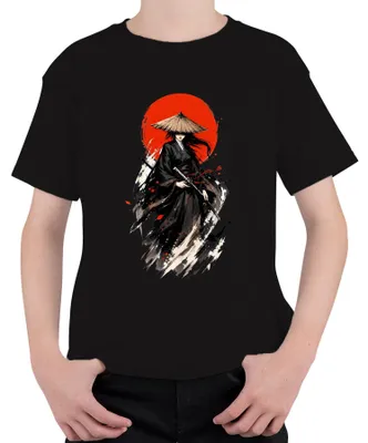 Zdjęcie produktu dla Koszulka dziecięca z motywem samuraja, katana, Japonia, styl Y2K, Bushido, manga, czarna, rozmiar 152