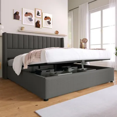Produktbild von Zubaliya Polsterbett Doppelbett - 160x200 cm Grau - Hydraulik & Stauraum - vertikales Streifendesign