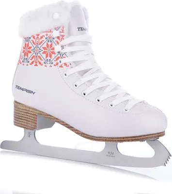 A single white ice skate with a decorative pattern around the ankle, shown from a side-diagonal view against a white background.