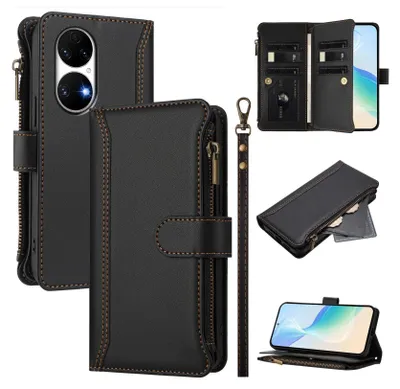 Obrázek produktu pro Pouzdro pro Huawei P50, zipem, peněženkovéPolyuretankožené flip pouzdro s kapsami na karty, stojánkem a poutkem na ruku černý