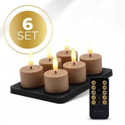Produktbild von KENN® GlowPro™ Wiederaufladbare LED-Teelichter – 6er-Set – Karamell – Bis zu 350 Stunden Leuchtdauer – Mit Fernbedienung – Magnetische Ladestation