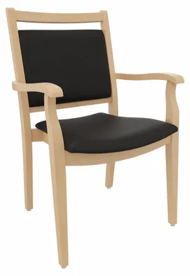 Productafbeelding van Verzorgingsstoel André met armleuningen – Ideaal voor senioren in een verpleeghuis of thuis. Bekleding: Kunstleer, kleur zwart. Bodemglijders: Kunststof, kleur wit