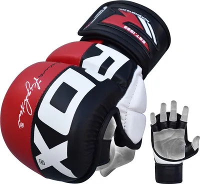 A pair of red, black, and white MMA sparring gloves are shown against a white background. A smaller, fingerless glove is also visible to the right.