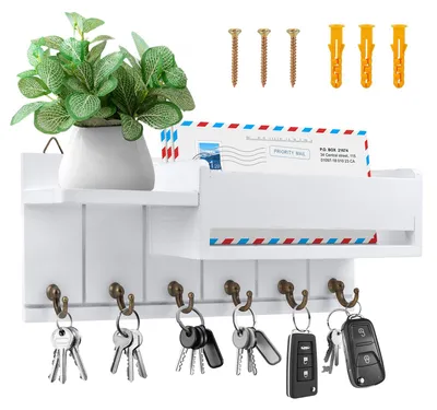 Produktbild von Schlüsselbrett mit Ablage, Holz, weiß, 6 Schlüsselhaken, für Eingangsbereich, Flur, Schlafzimmer, Wohnzimmer, Kinderkleiderschrank