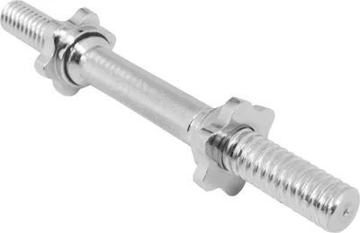A silver dumbbell bar with star-shaped collars is shown against a white background.
