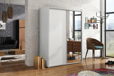 Zdjęcie produktu dla Szafa A20 biała z drzwiami przesuwnymi, lustrem i półkami - 125 x 62 x 245 cm