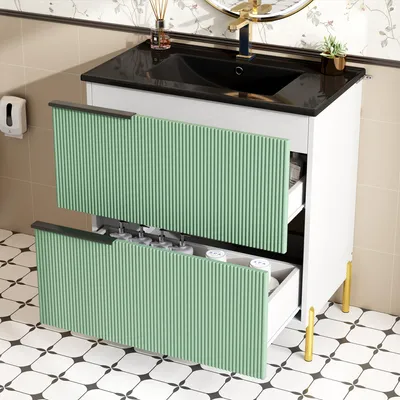 Image de OKWISH Meuble de Salle de Bain, Meuble sous Vasque avec Lavabo en Céramique et 2 Tiroirs, Rangement Intégré, Poignées Métalliques - MDF - Vert