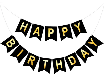 Productafbeelding van Happy Birthday slingers, zwart en goud, set van 2, 16x20 cm, papier, voorgemonteerd