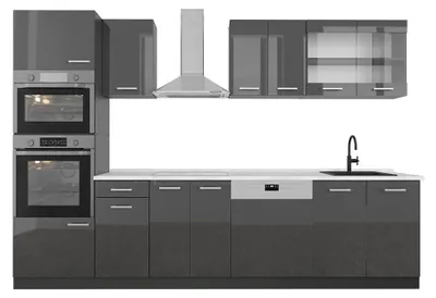 Zdjęcie produktu dla Aneks kuchenny Vicco R-Line Antracyt wysoki połysk 300 cm z wysoką szafką, BP Marmur, Model 53836