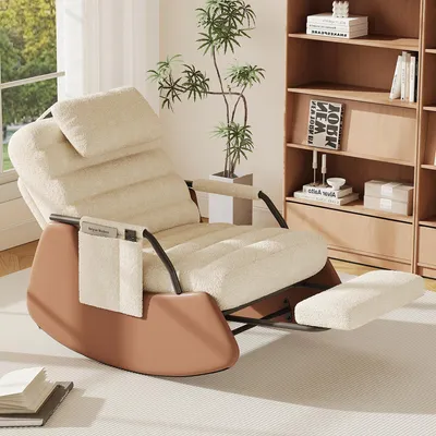 Immagine prodotto di Poltrona a dondolo INONEFT con poggiapiedi estraibile, schienale regolabile, poltrona relax con poggiatesta, poltrona relax, colore beige, rivestimento in pile