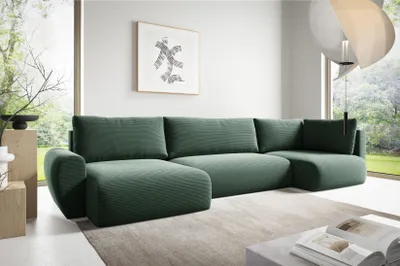 Produktbild von Ecksofas in U-Form ANTONIO MINI BOSS XL 385x153cm, Wohnlandschaft mit Schlaffunktion & Bettkästen, Eckarniutur / Bezug - Cord in Grün