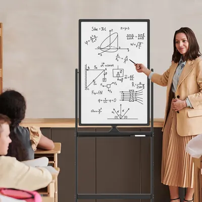 Produktbild von COSTWAY Doppelseitiges mobiles Whiteboard, 60 x 100 cm, höhenverstellbares magnetisches Whiteboard mit Rollen, Ständer und Stiftablage, inkl. Zubehör für Schule, Büro, Zuhause (Schwarz)