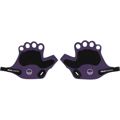Kletterhandschuhe "Crack Gloves" von Wild Country in lila; mit offenen Fingern und zwei Klettverschlüssen.