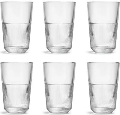 Produktbild von Royal Leerdam 6er Set Londdrinkglas Rayo, 360 ml, glasklares geribbelt, 12,9 cm hoch, für Wasser, Softdrinks oder als Cocktailglas, stapelbar, spülmaschinenfest