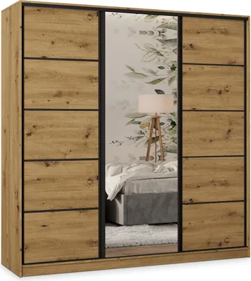 Produktbild von Masseno Schiebetürenschrank PINA 180/205/58 cm Kleiderschrank mit 4 Schubladen Schlafzimmer Schrank 3-türig mit Spiegel Eiche Artisan