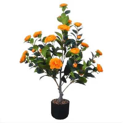 Productafbeelding van Kunstkamerboom, 100 cm - Kunstplant met 28 bloemen - Realistisch decoratiestuk met pot in oranje